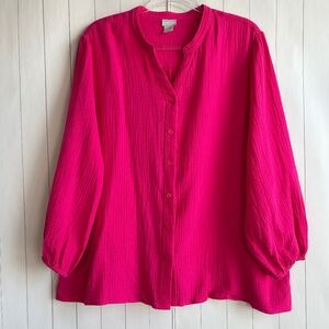 Chicos size 4 20/22 button down shirt cotton double gauze hot pink collarless